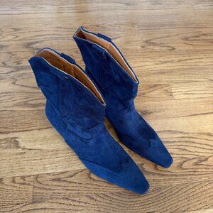 Navy Vegan Suede Western Ankle Boots – Square Toe (Size 8.5)